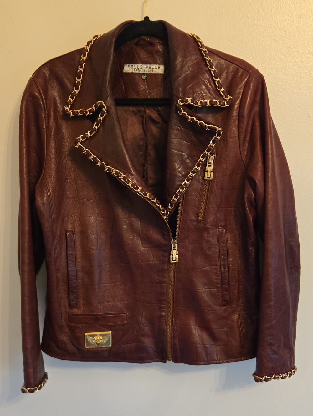 Pelle Pelle Vintage Y2K Brown Croc Embossed Leather Moto Jacket Chain Details
